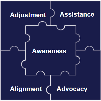 The 5 strategies: Adjustment, Assistance, Awareness, Alignement, Advocacy